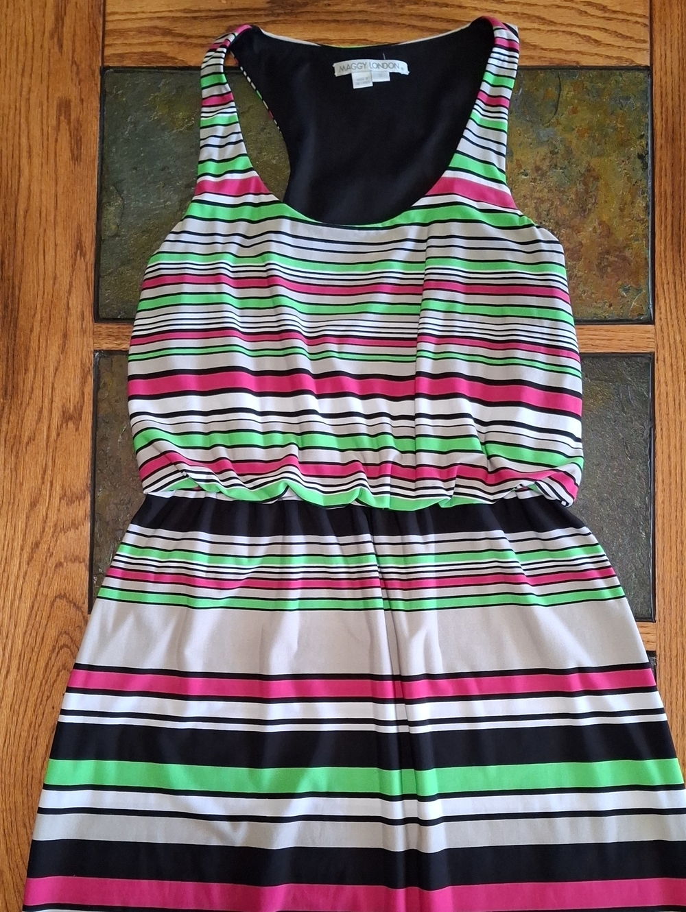 Maggy London Black, White, Pink & Green Striped Racerback Dress